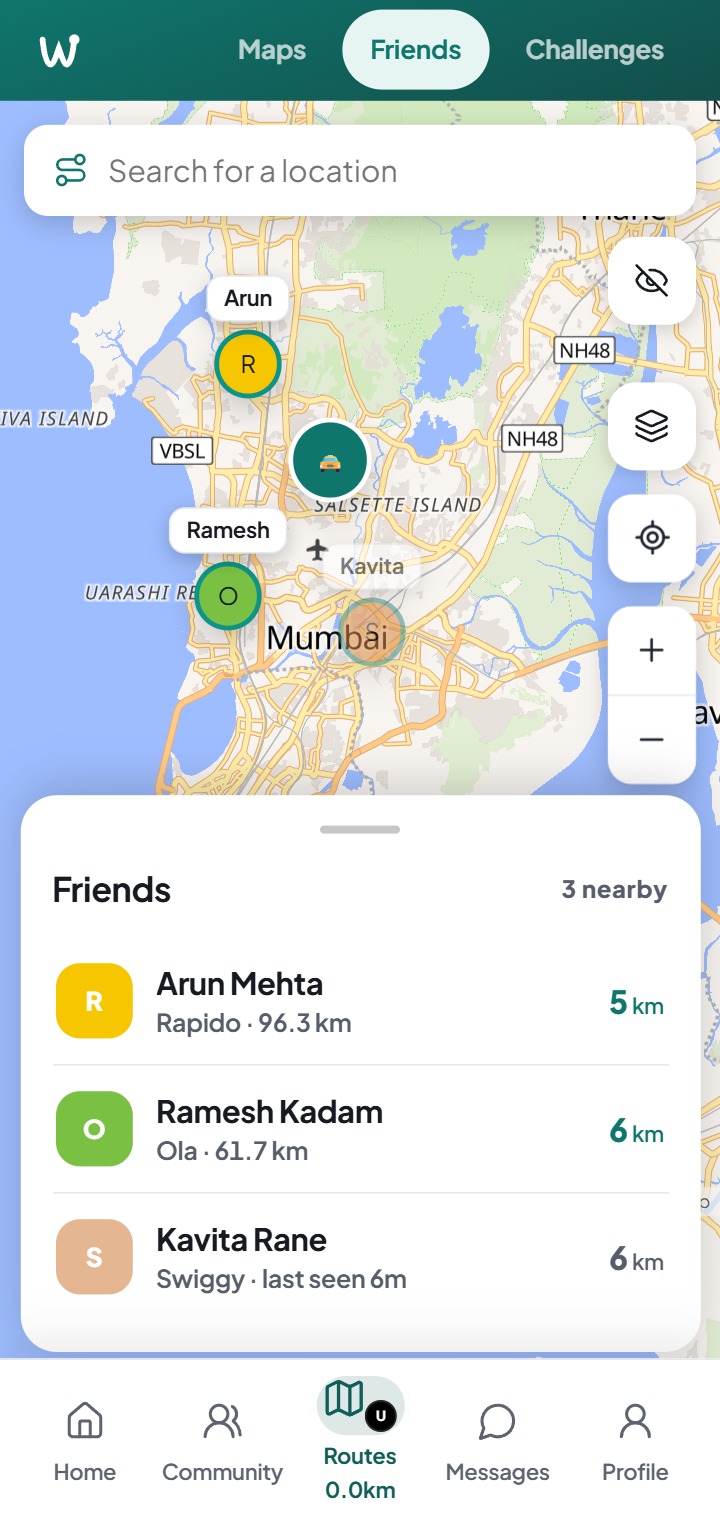 The Waggle friends map: three connected drivers pinned across Mumbai with the platform each is working, how far they have driven today and how far away they are, the one last seen six minutes ago shown dimmed.