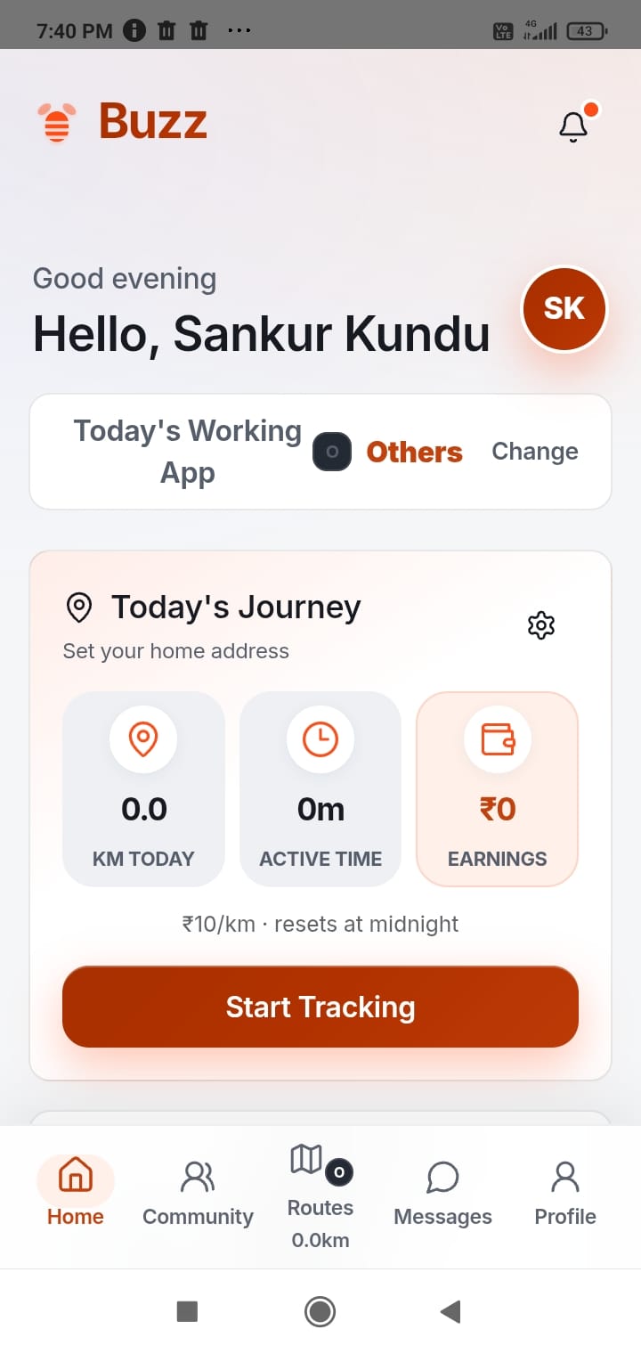 The Buzz home screen, showing today's distance, active time and earnings.