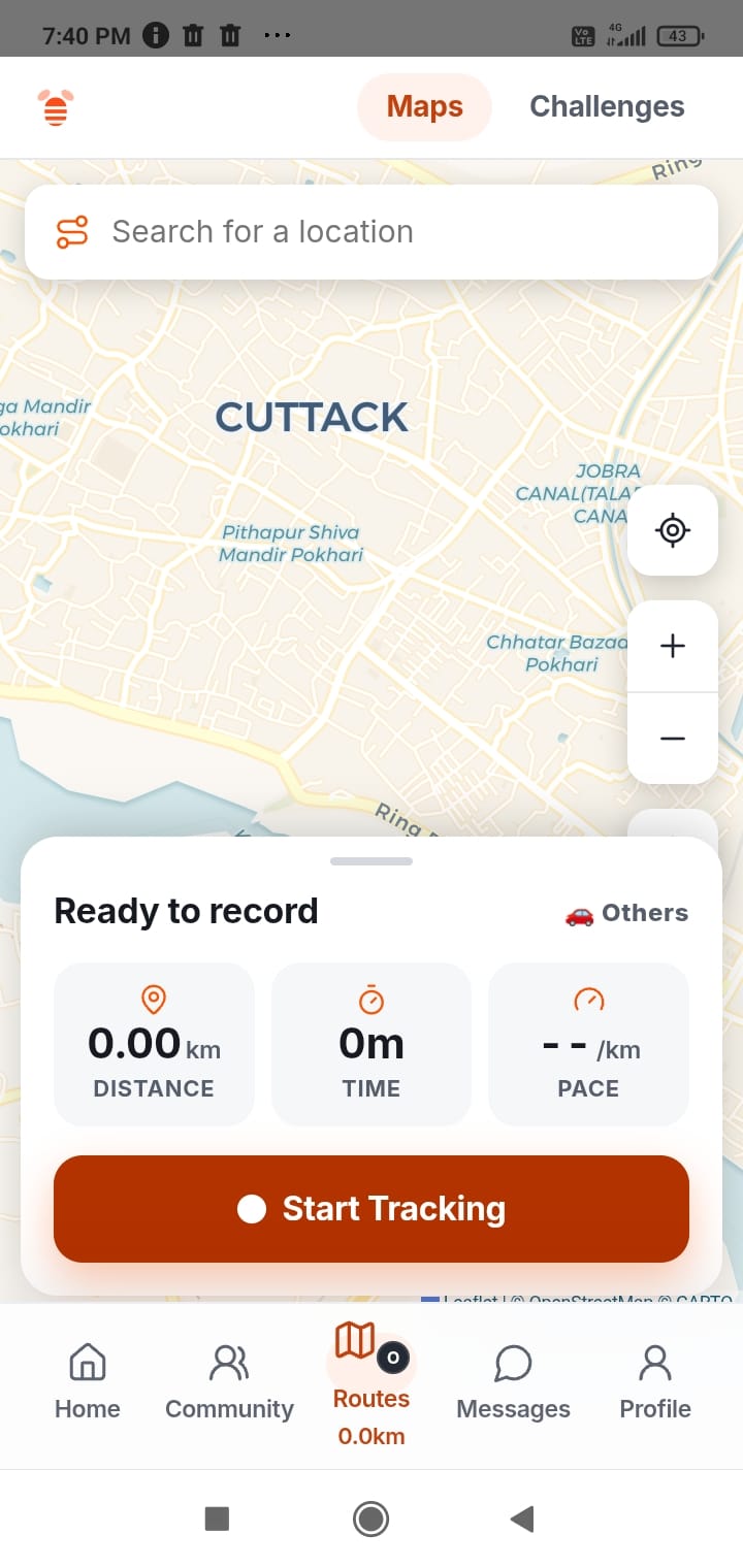 The Buzz map, showing streets and a ready-to-record trip panel.