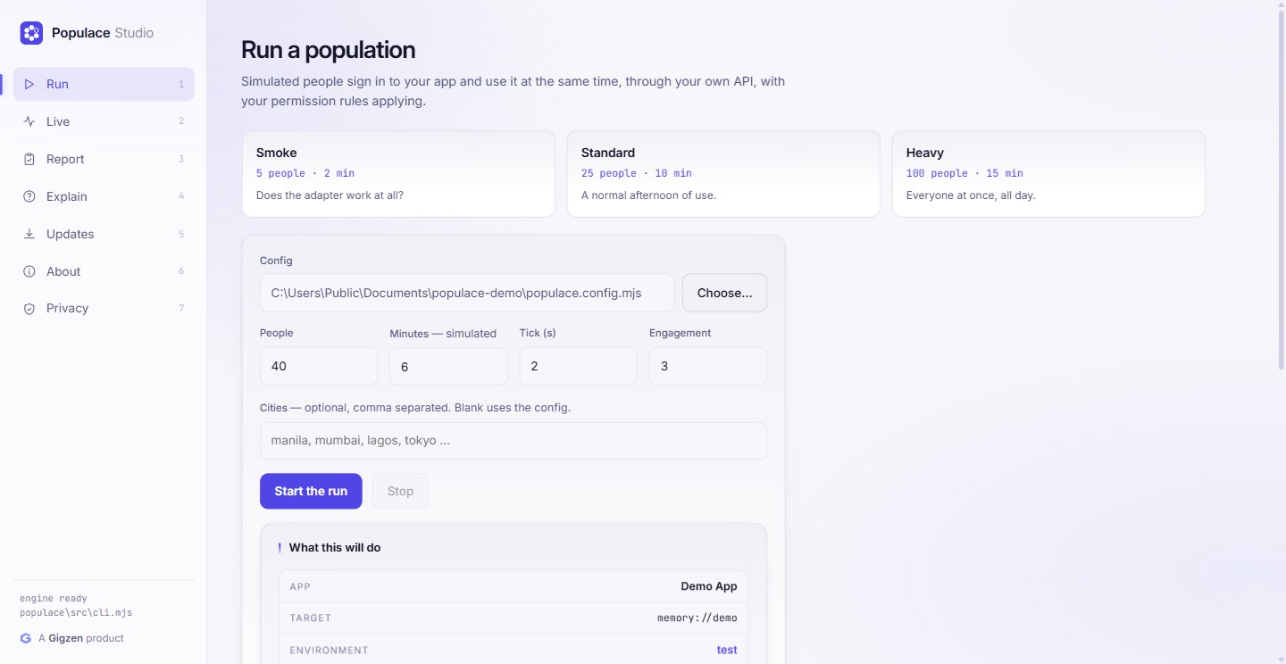 Setting up a run in Populace Studio: presets for a smoke test, a normal afternoon and everyone at once, forty people for six minutes, and a panel confirming the target is a test environment.