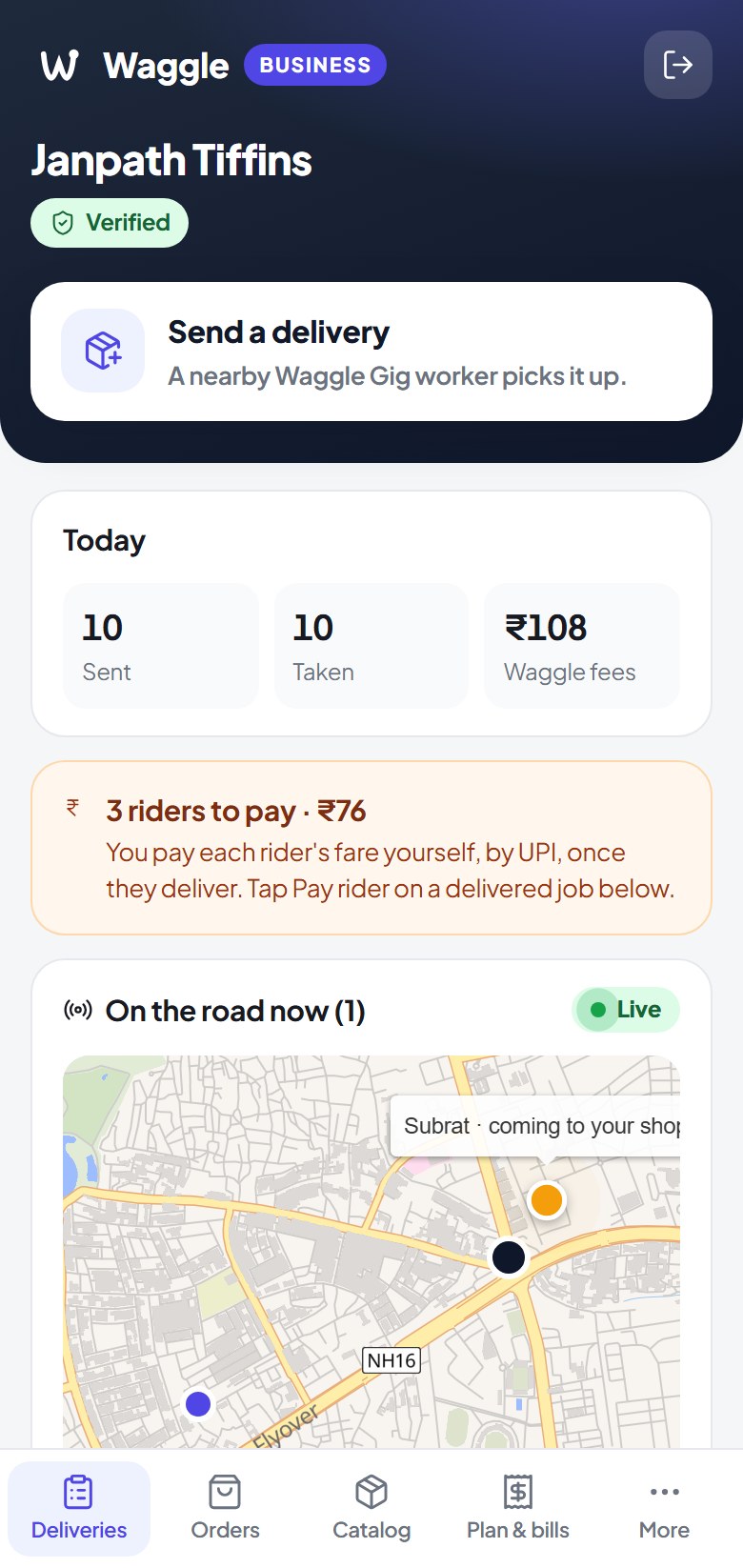 Waggle Business: today's deliveries, riders to pay, and the live map of a rider coming to the shop.