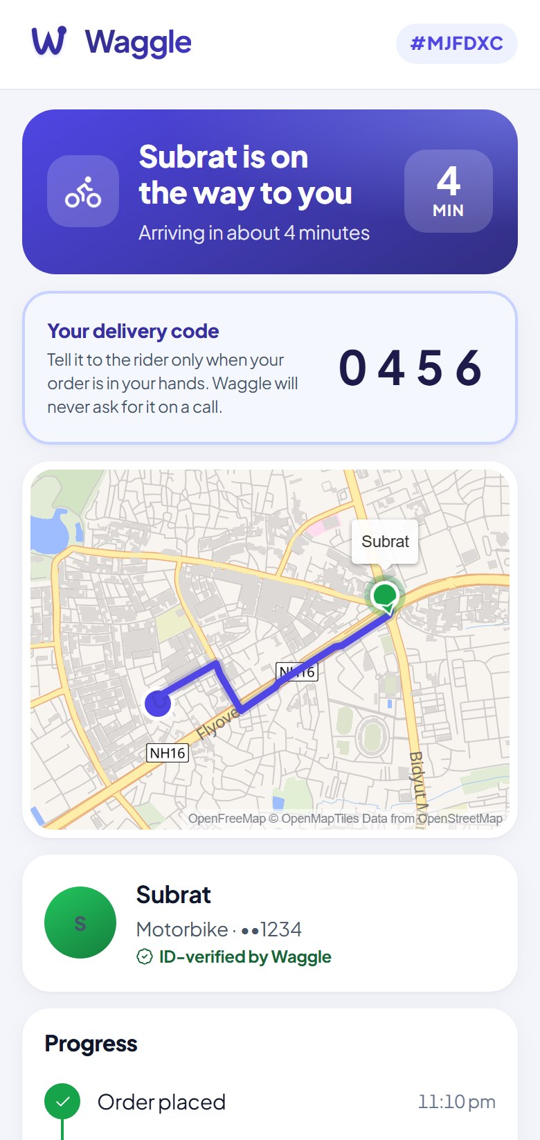Waggle: the rider on the way with a four-minute countdown, the delivery code, and the route on a map.