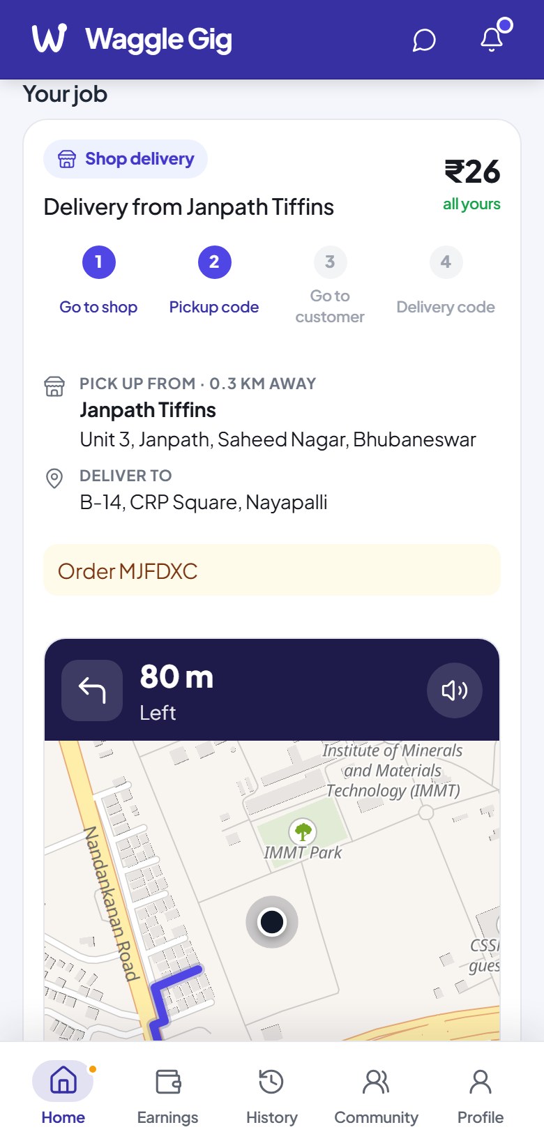 Waggle Gig: the job in hand, with turn-by-turn directions to the shop on a map.