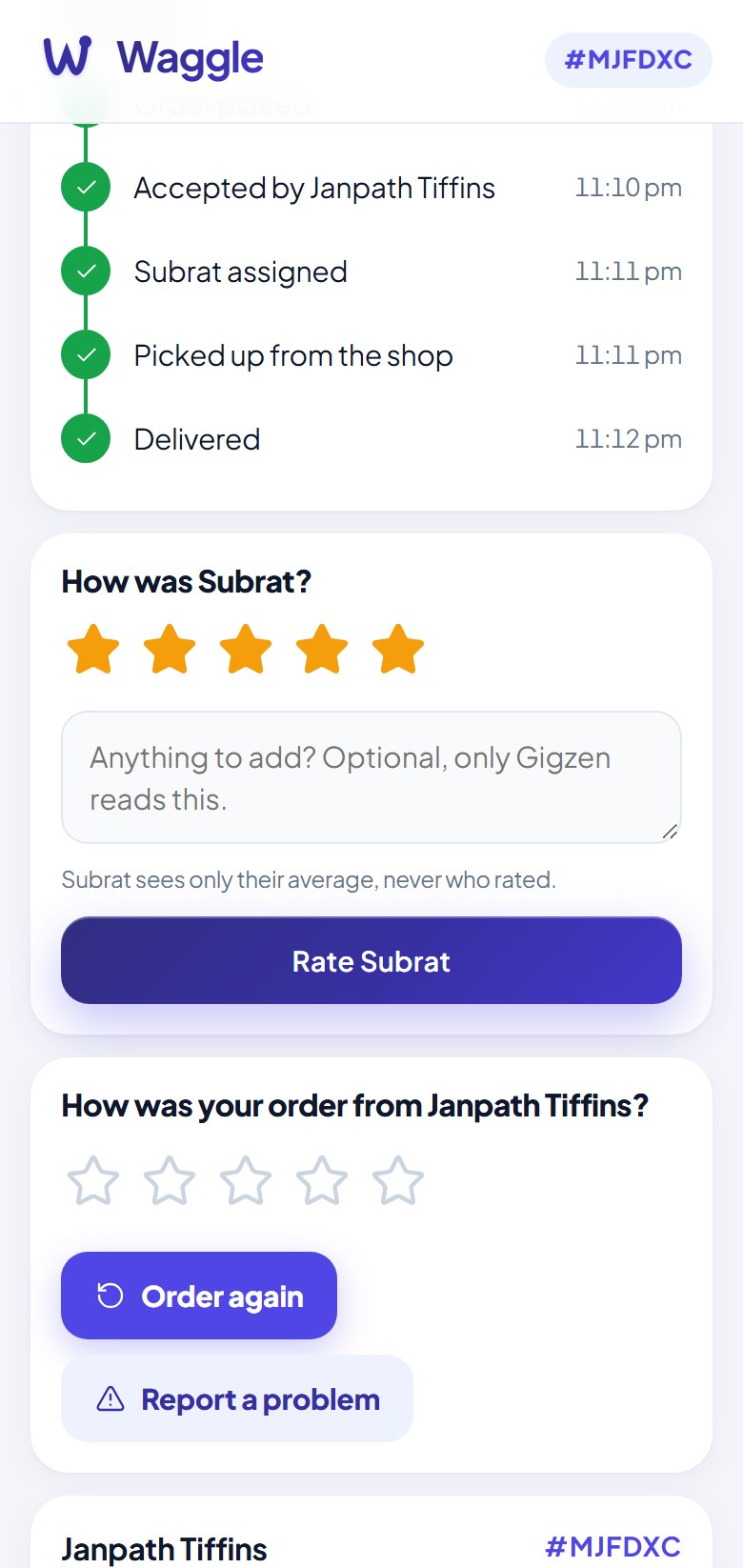 Waggle: rating the rider five stars after delivery.