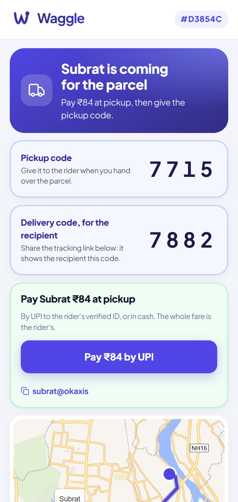 Waggle Send: the pickup and delivery codes, and paying the rider by UPI.